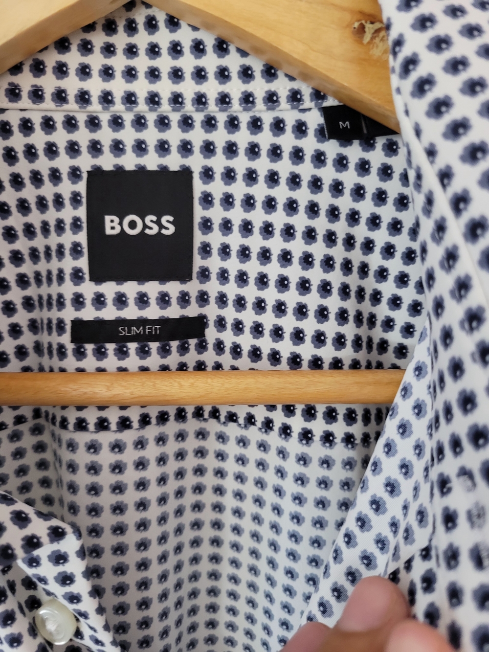 BOSS Hugo Boss Men’s Slim Fit Patterned Dress Shirt Stretch Size M Blue White - Picture 4 of 10